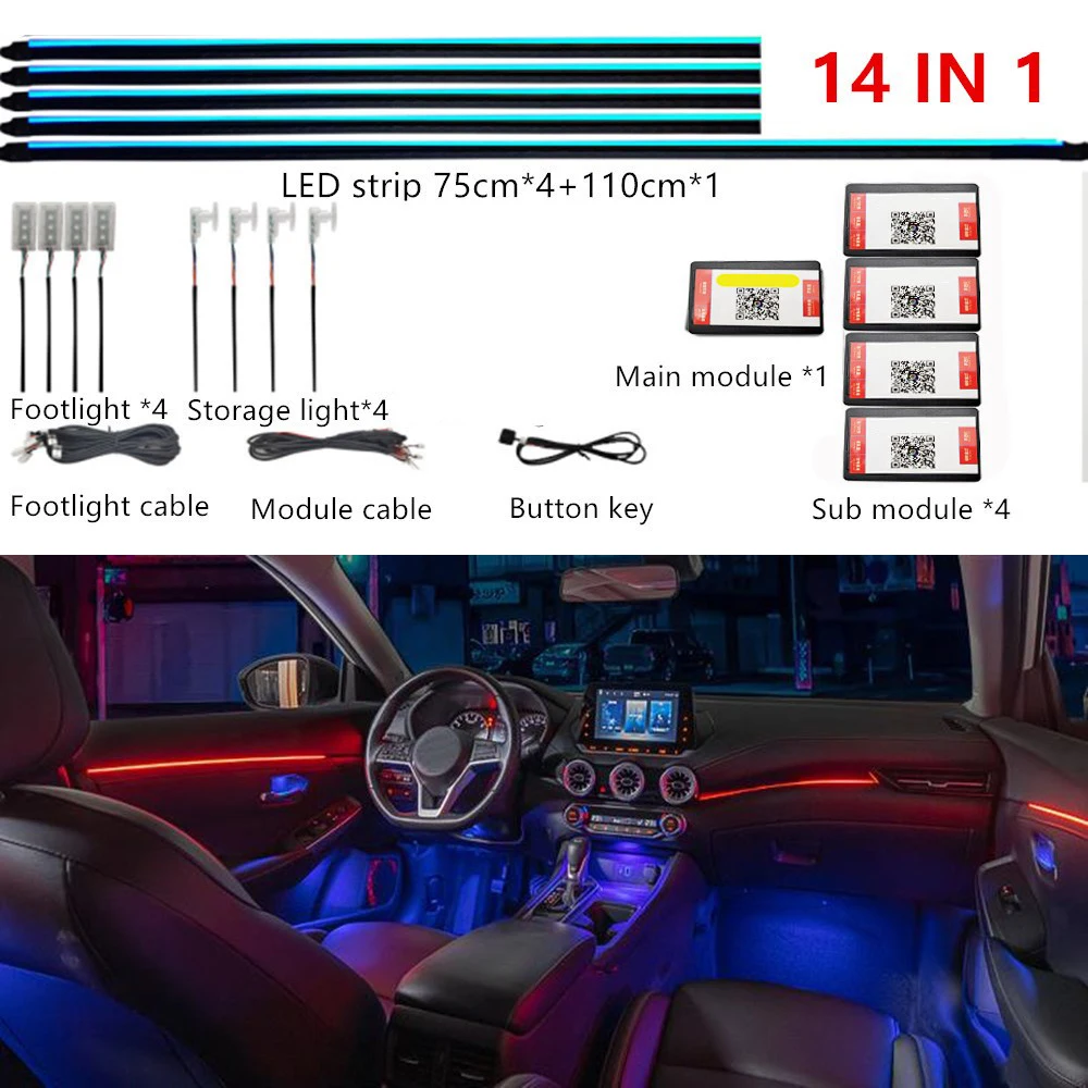 LED Symfonie Auto Omgevingslicht 64 RGB Interieur Acryl Lichtgeleider Glasvezel Auto Decoratie Sfeer 18/14/10/6in1 Universeel