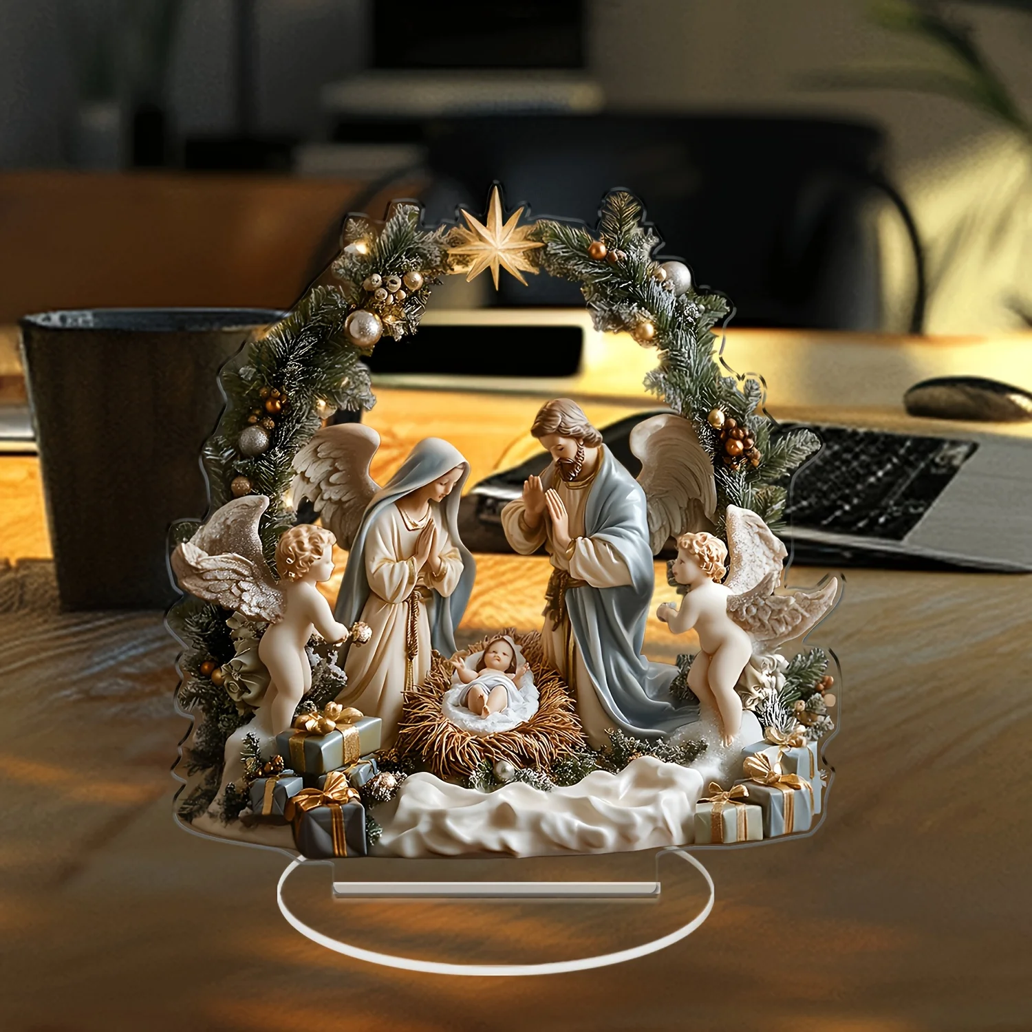 2D Acrylic Desktop Christmas Decor - Jesus' Birth Virgin Mary Angel Cartoon Print Christian Home Christmas 2026 New Year Gift