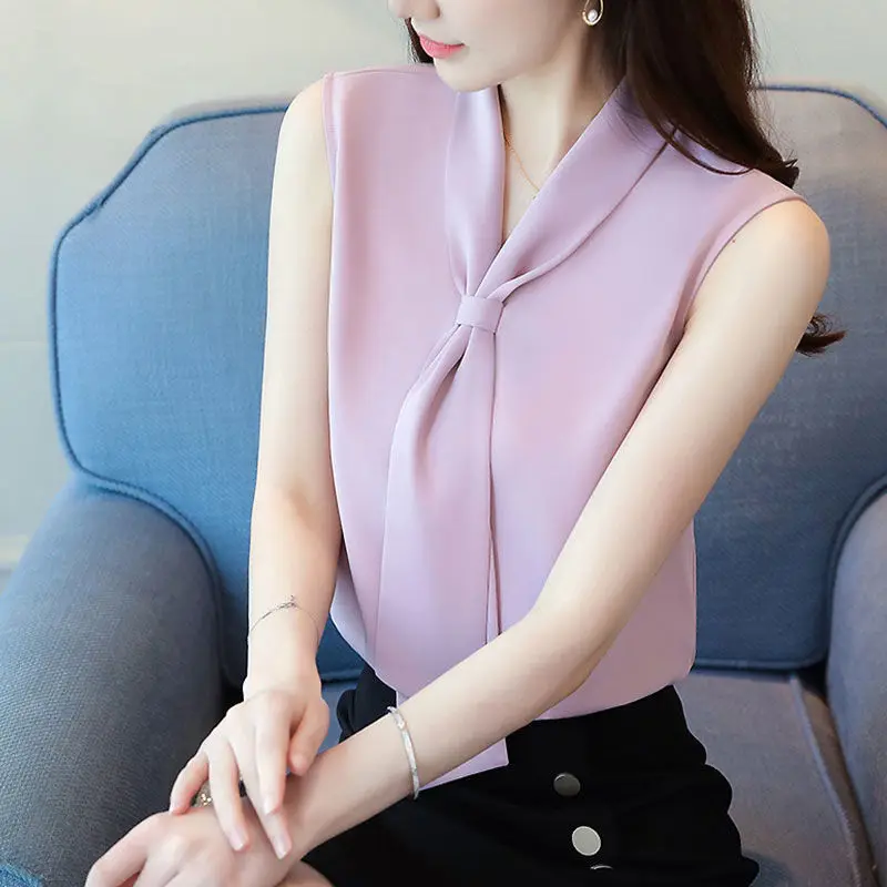 Spring Summer New Solid Color Sleeveless Chiffon Shirt Bow V-neck Tie Collar Elegant Shirt Korean OL Style Blouse for Female