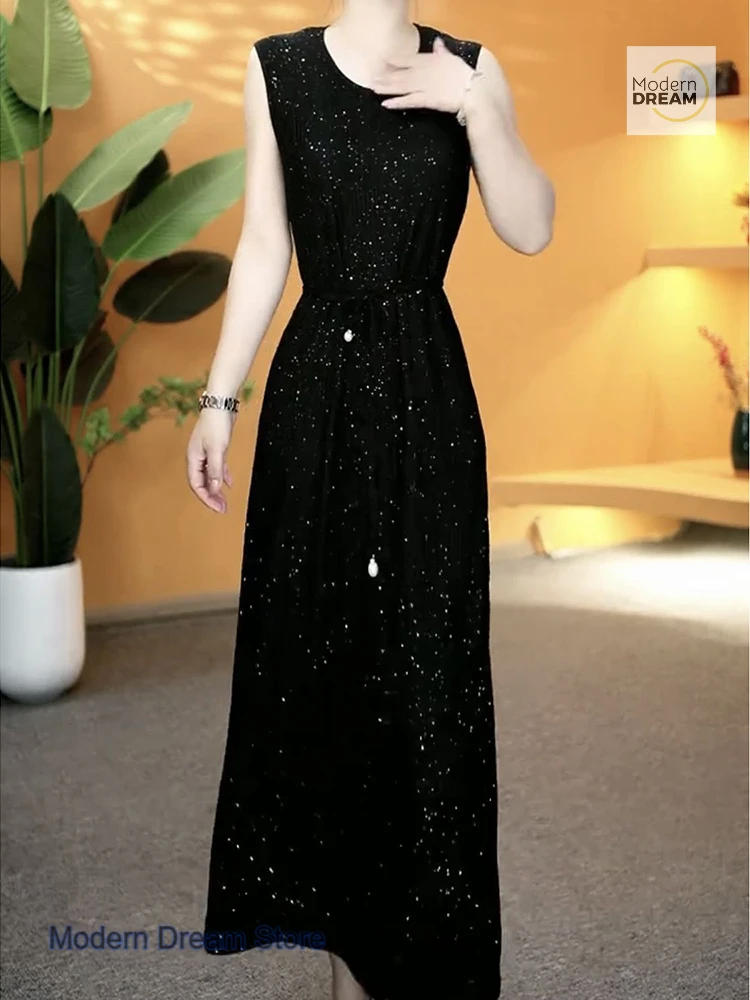 

High-grade mercerized wrinkle-free bronzing lace-up sleeveless bottoming skirt autumn new temperament age-reducing dress dress