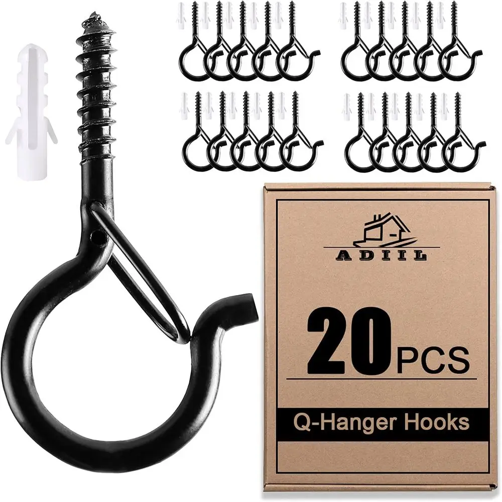 20 Pack Heavy-Duty Hanger Hooks with Safety Buckle, Ideal for Outdoor String Lights and Plant Hanging, 2.2 Inches, Black