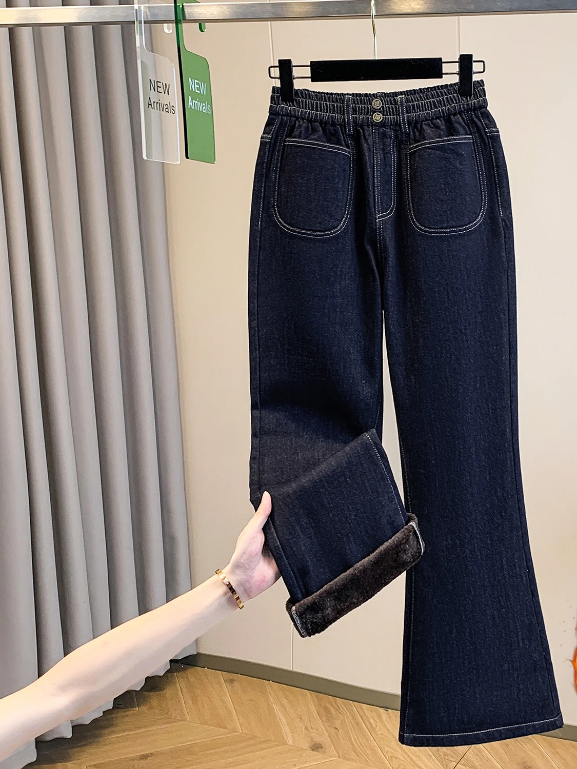 High Waist Flared Jeans Women's Winter Faion Brand Elastic Warm Denim Pants Korean Sle Pure Color Cotton Casual Trousers