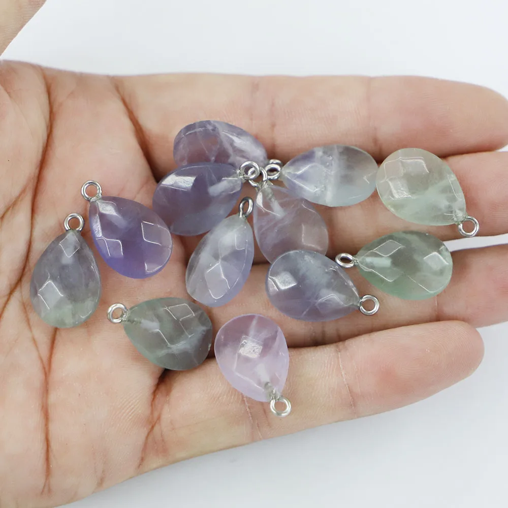 New Design Natural Stone Fluorite Faceted Necklace Pendants Water Droplets Charms DIY Jewelry Making Accessories Wholesale 12Pcs