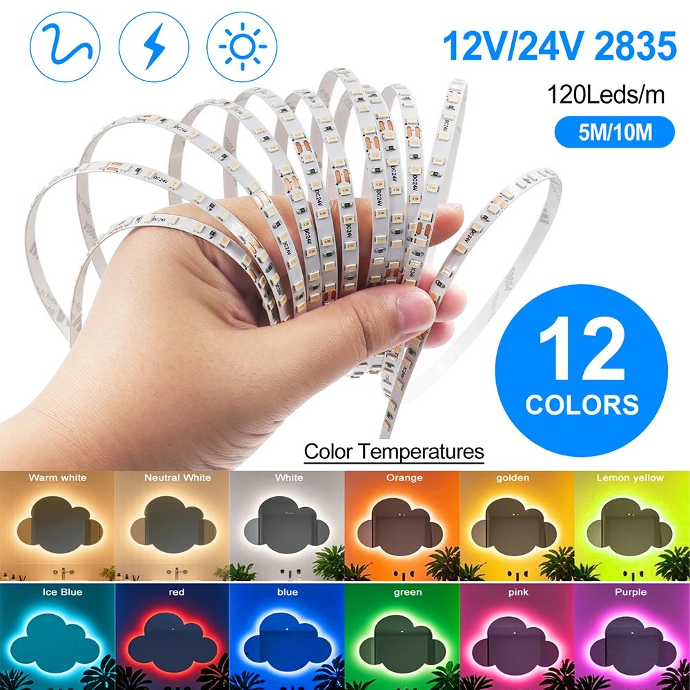 رقيقة جدا 5 مللي متر PCB LED قطاع ضوء 12 فولت 24 فولت 5 متر 10 متر 2835 120 المصابيح/م 13 ألوان RA85 شريط مرن الشريط ديكور المنزل الخلفية