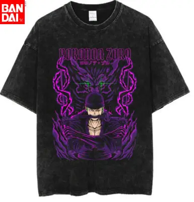 

Футболка One Piece Roronoa Zoro Conqueror's Haki Purple Aura в винтажном стиле с эффектом потертости, летняя уличная одежда 2026, с аниме-графикой, для мужчин и женщин