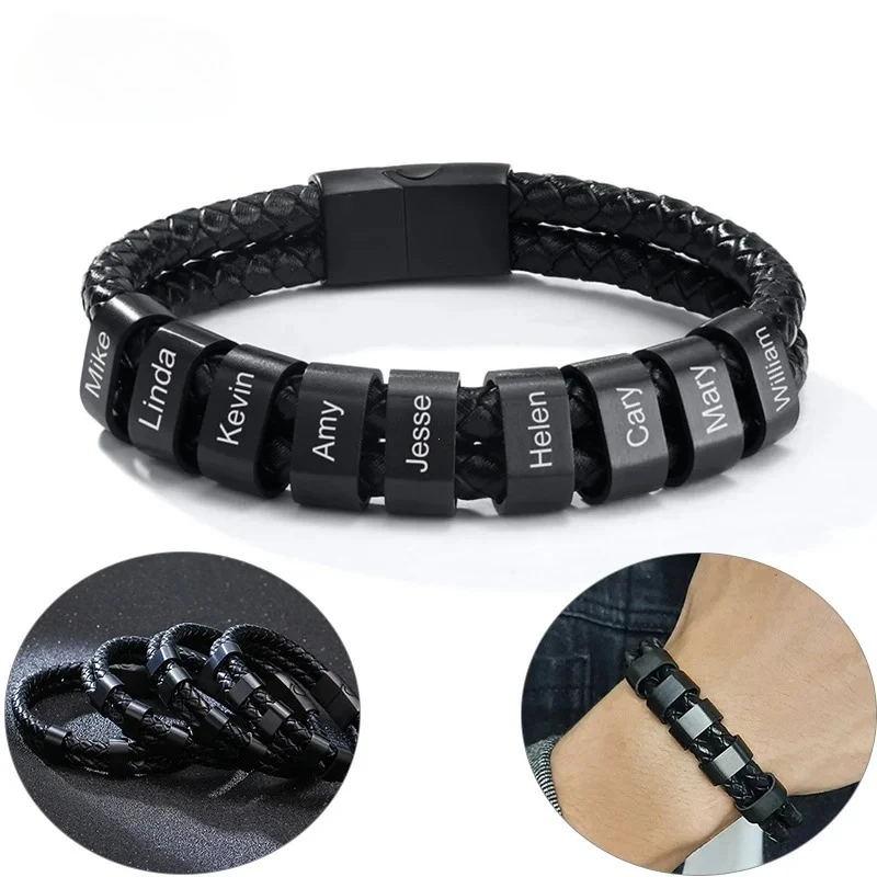 Personalized Men's Black Plaited Leather Bracelets Free Custom Charm Beads Family Names Inspirational Father's Day Gift Dad
