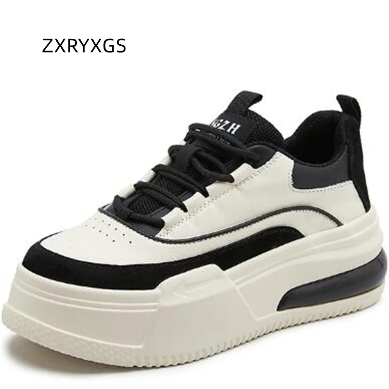 

ZXRYXGS 2023 Spell Color Splice Real Leather Shoes Woman Sneakers Platform Internal Heightening Shoes Autumn Winter Tide Shoes