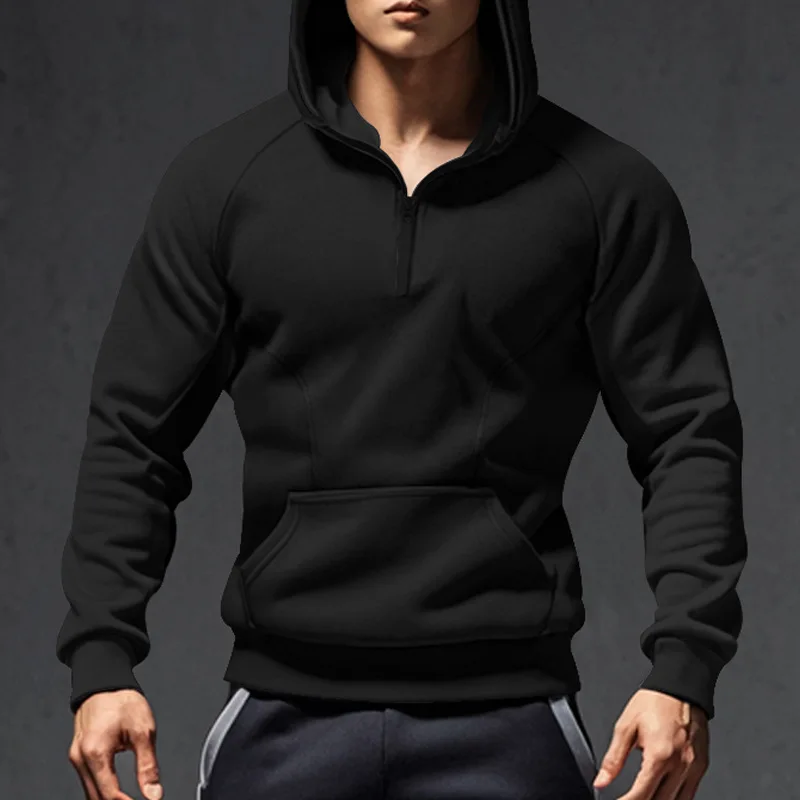 Men's Long-sleeved Casual Pullover Hooded Half-zip Color-blocked Fleece Sweatshirt