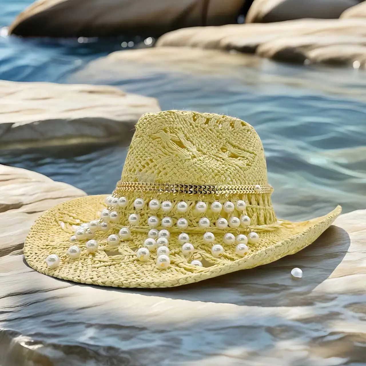 HongLuan Vintage Cowboy Straw Hat Man for Cowboy Hat Party - หมวกคาวบอยตะวันตกสําหรับผู้หญิงหรูหราด้วยไข่มุกเทียม