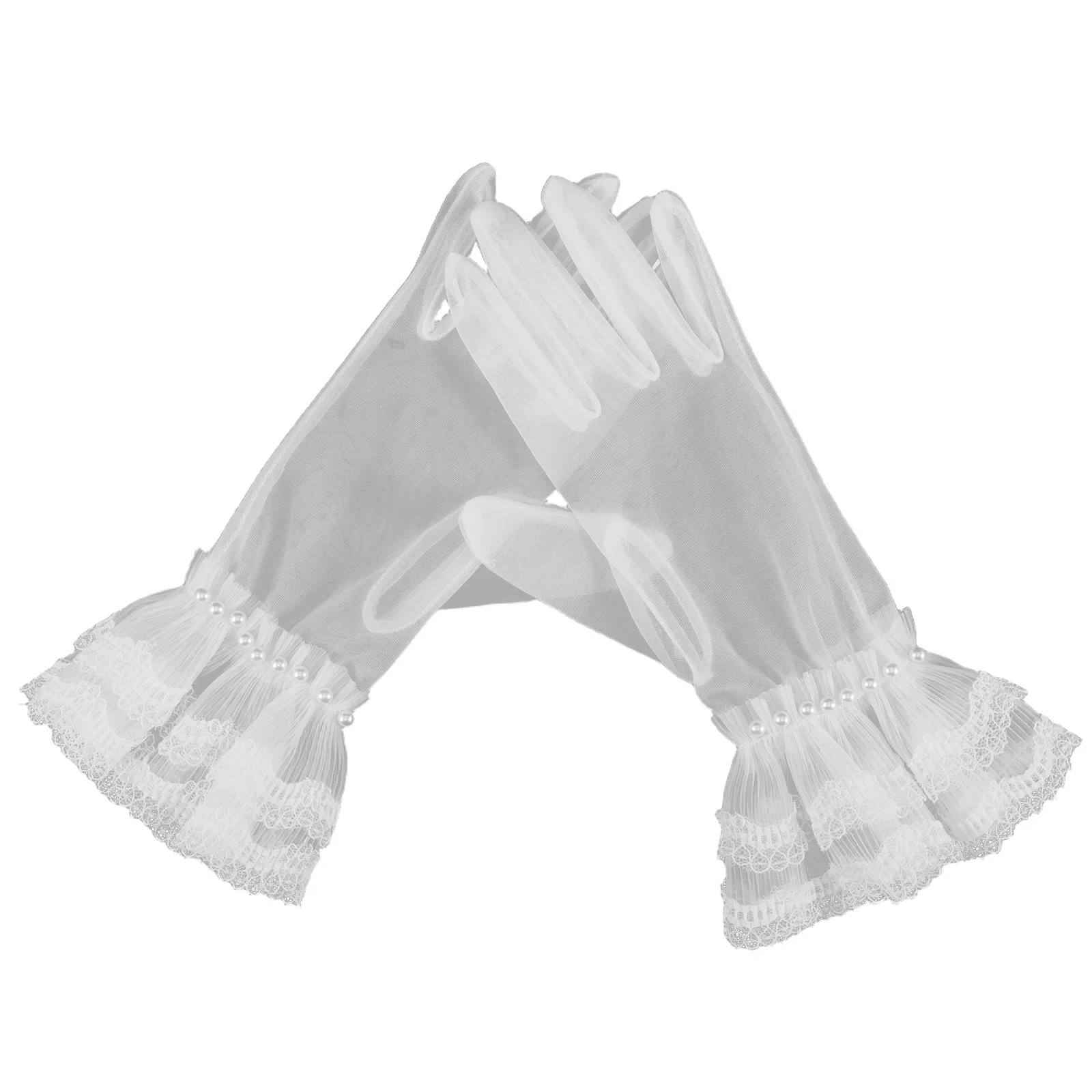 

1Pair White Lace Gloves Short Pearl Mesh Elegant Wedding Bridal Evening Tea Party Costume Accessories Lace Gloves for Women