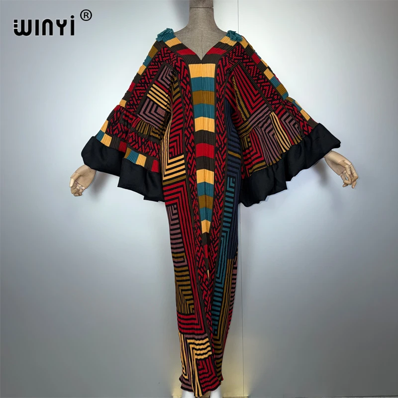 WINYI Pleated Elastic puff(ed) sleeves loose dress beach cover up muslim woman kaftan abaya dubai luxury long down evening dress