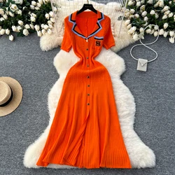 Elegant Turn-down Collar embroidery Single Breasted Knit Bodycon Dress Slim Fashion Sweater Vestido Sexy Women Winter Clothing