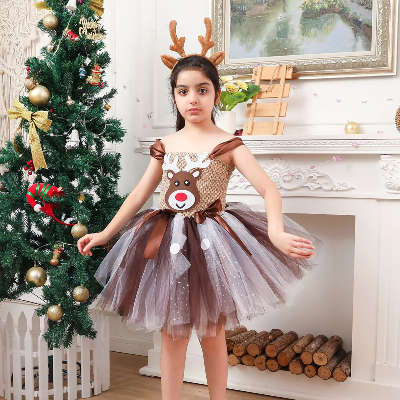 2024 Christmas Cute Deer Costume Girl Disguise Christmas Cosplay Tutu Dress Carnival Party Toddler Kids Princess Dress Prom Gown