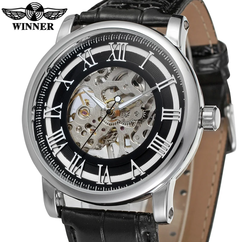 T-winner Mechanical Watch Circular hollow Roman numeral scale mechanical Watch Black Watch Belt Wrist Watch Men's Watch