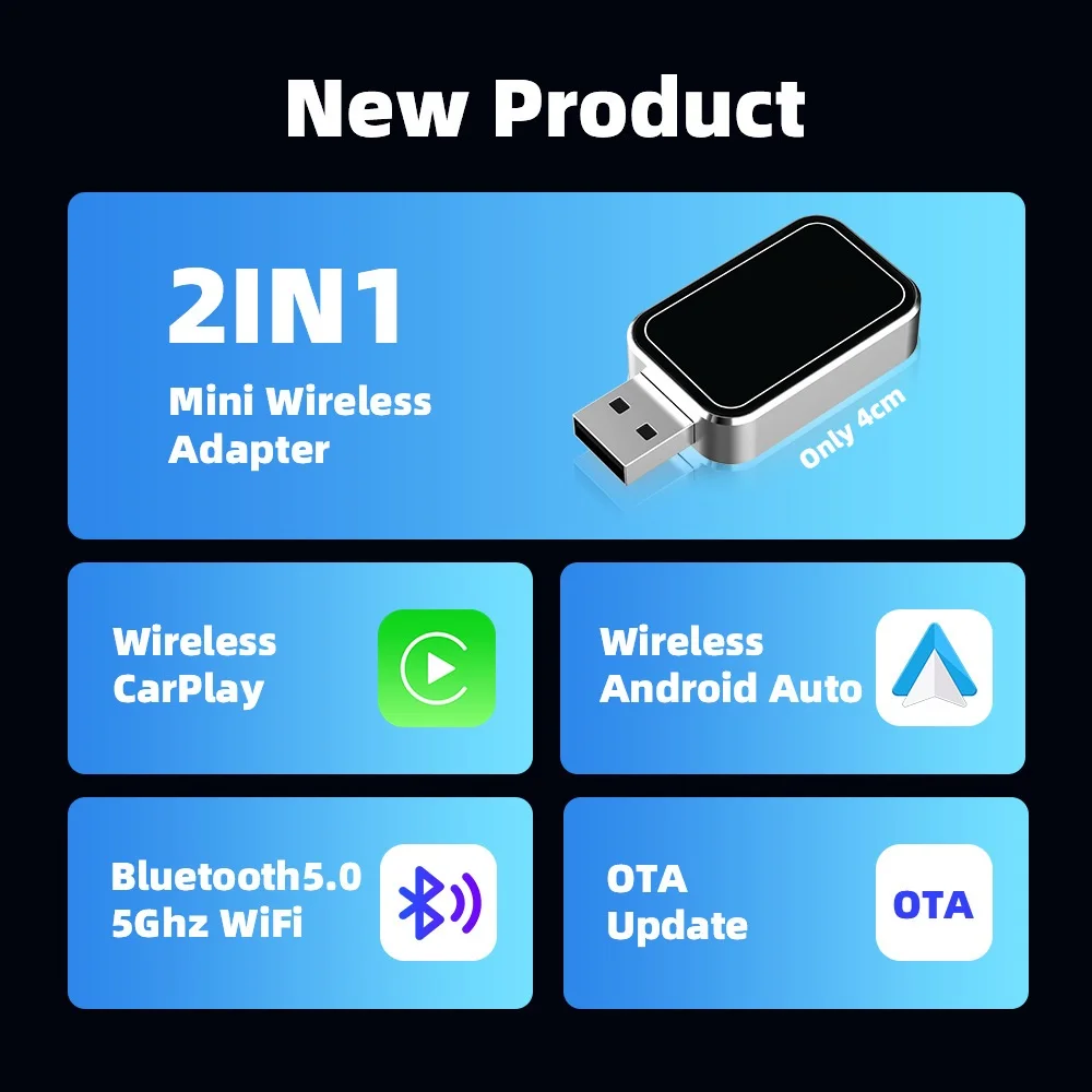 Binize Wireless CarPlay Adapter 2 in 1 Mini Box Android Auto Dongle For Volvo Kia VW Jeep Hyundai Ford Wired To Wireless