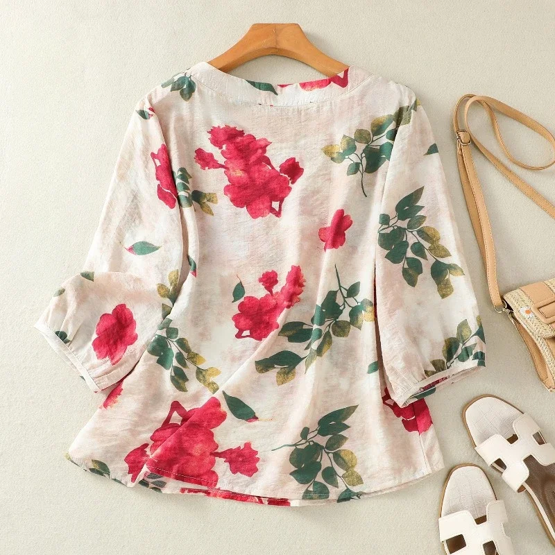 Prints Vintage Women's Shirts Summer Loose Short Sleeve O-Neck Tops Cotton Linen Clothing SALES Chinese Style Blouses Trend 2024