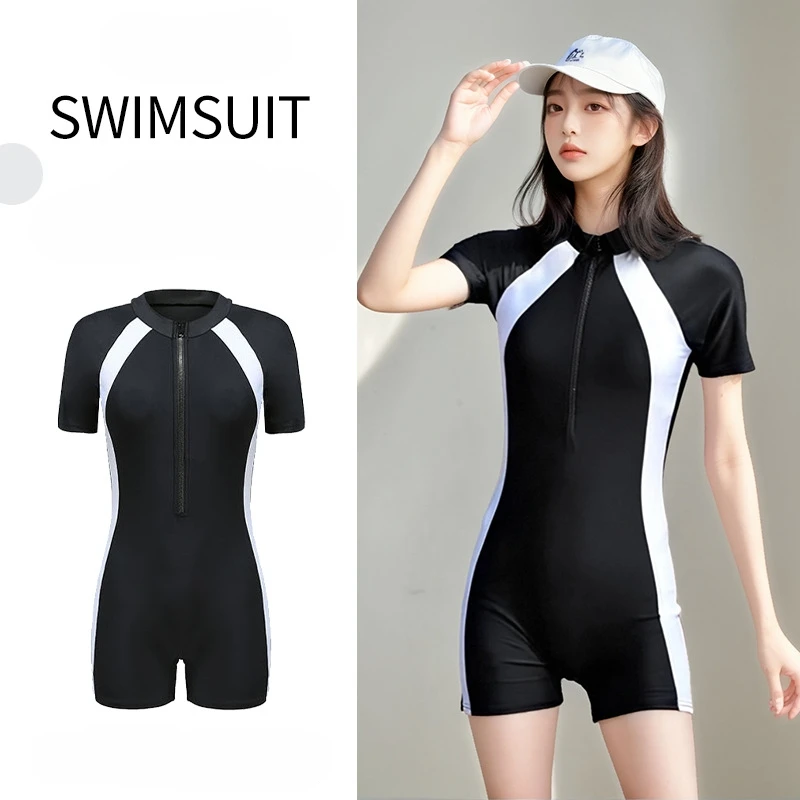 

Купальник женский цельный купальник консервативный цветной блок быстросохнущий солнцезащитный крем спортивный купальник горячая весна пляжная одежда