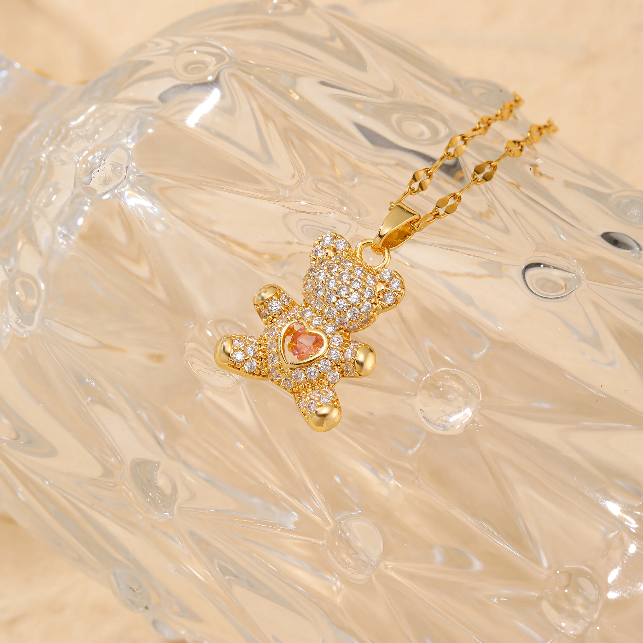 Little Bear Inlaid Love Zircon Women\'s Party Stainless Steel Plated 18K Gold Hypoallergenic Jewelry Pendant Necklace