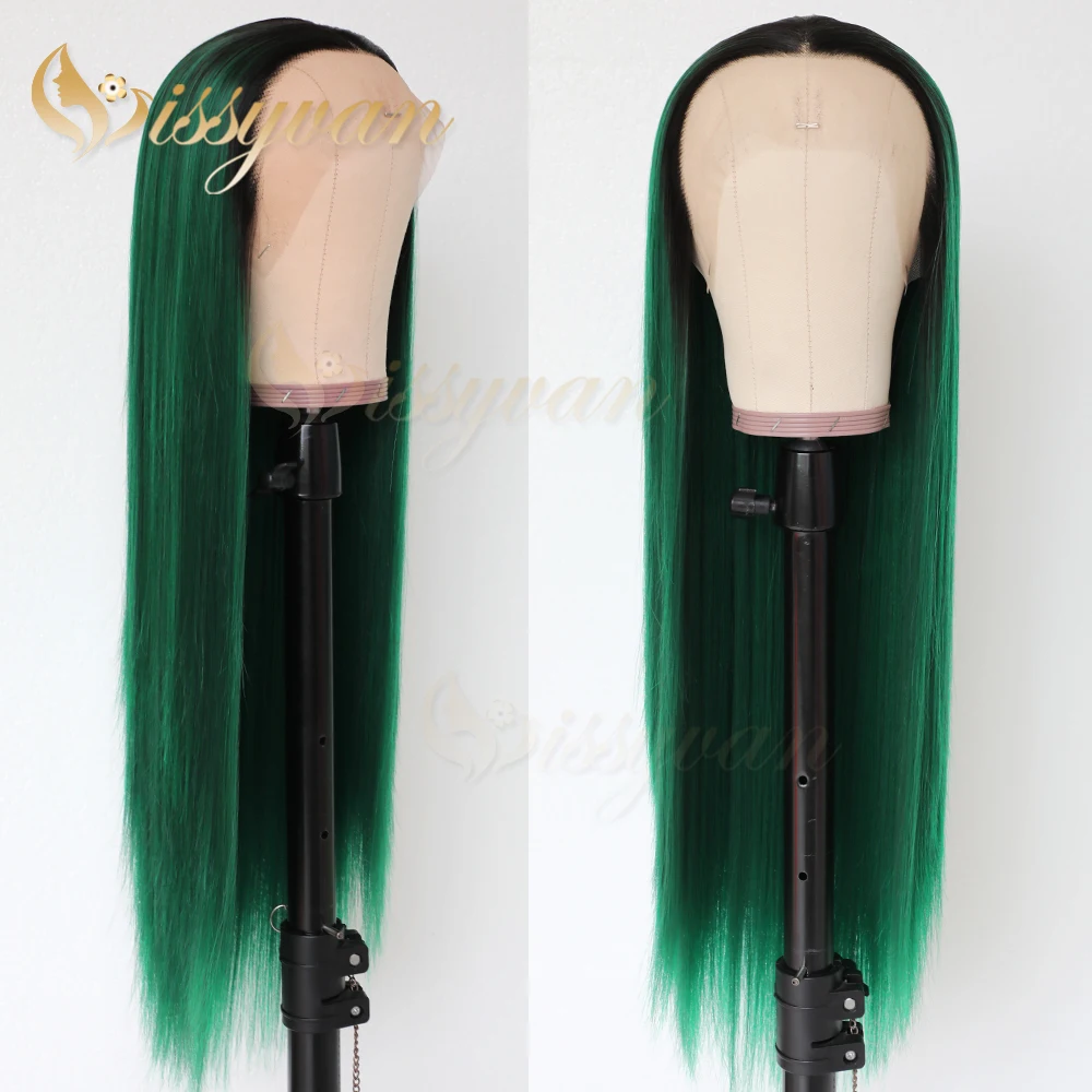 Missyvan Green Ombre Color Long Straight Hair Heat Resistant Fiber Glueless Synthetic Lace Front Wigs for Black Woman