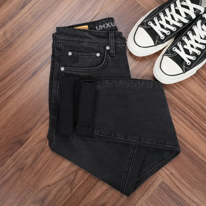 Autumn and winter men's washed denim jeans in black and gray, classic embroidered men's pants, slim straight-leg pants, high-end