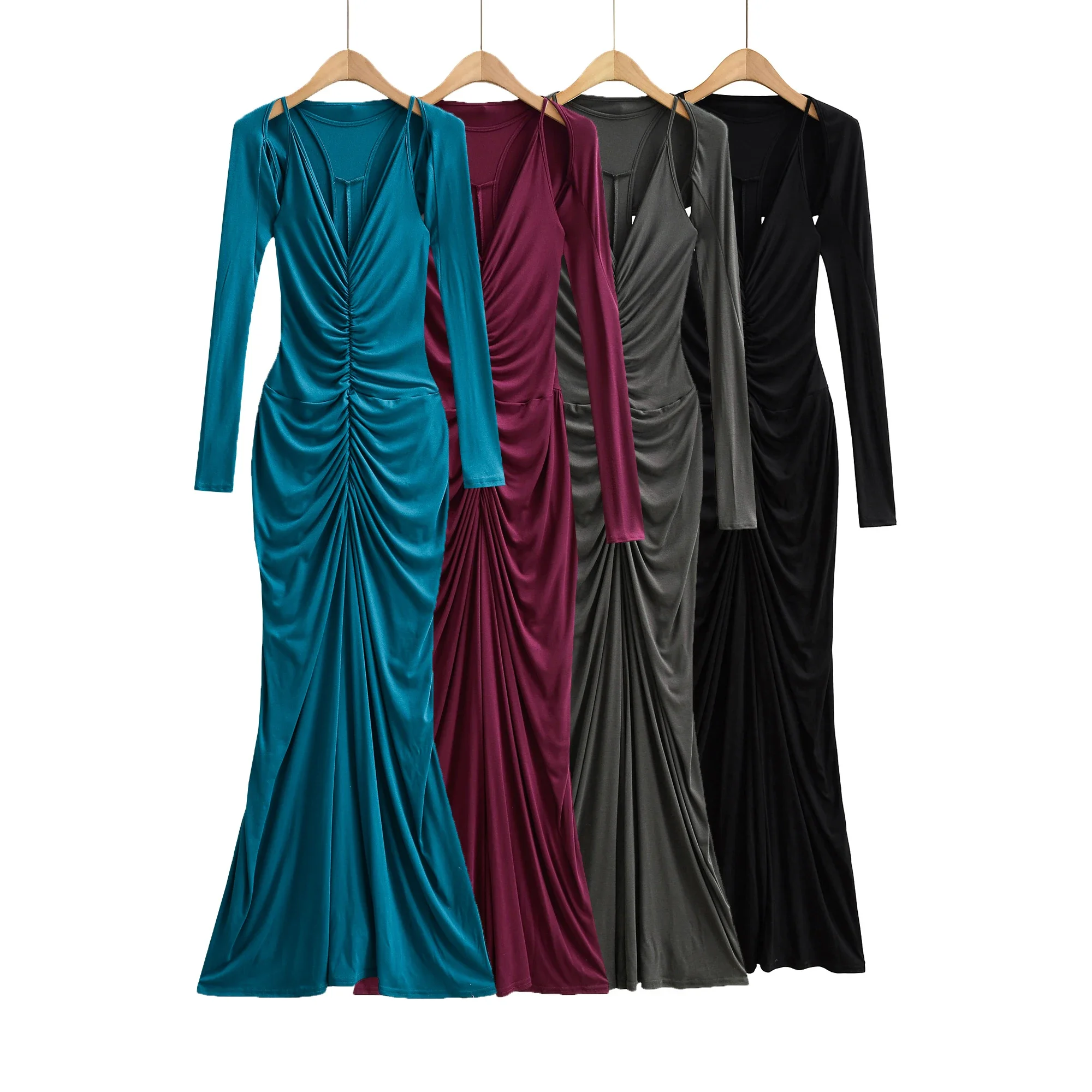 

2 pieces 1 Set 2025 Sexy Ruched V neck Sling Folded Slim Waist Package Hips Maxi Mermaid Dress Long Sleeve Crop Cape 5 colors