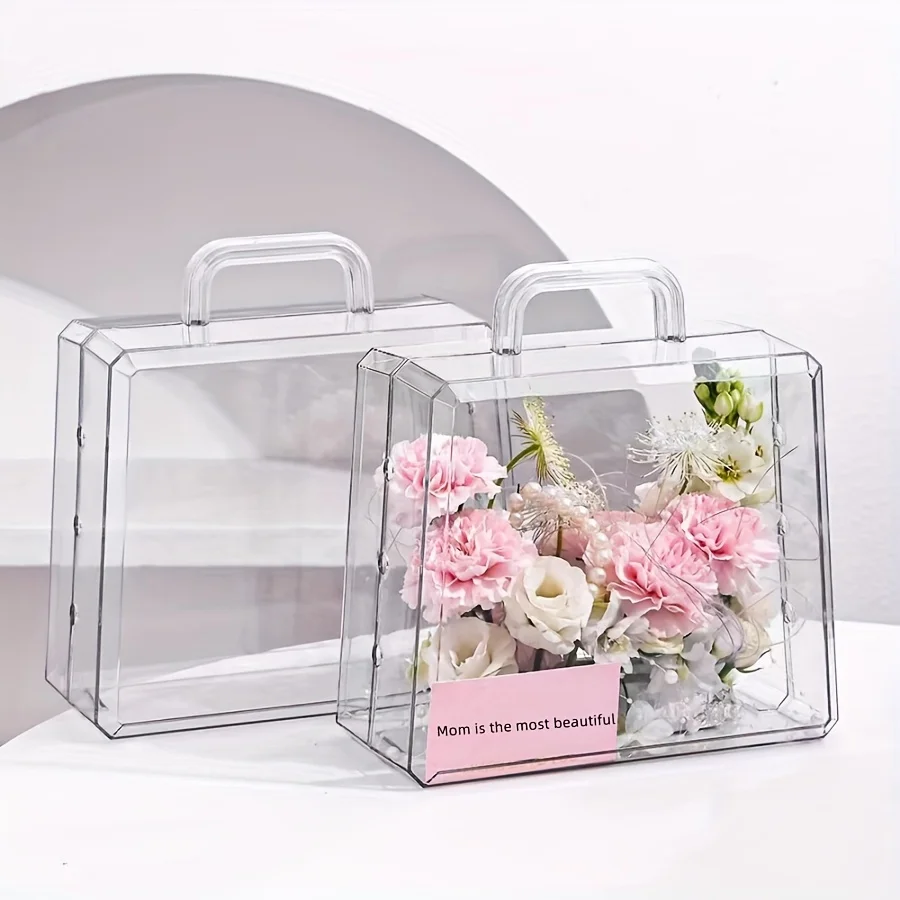 Acrylic Handheld Flower Vase Box, Transparent Floral Gift Case with Lid, Portable Basket for Centerpieces and Birthday Gifts, We