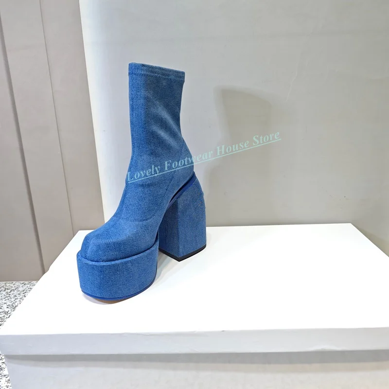 Breathable Blue Denim Stretch Woman Ankle Boots Square High Heel With Platform Female Slip On Round Toe High Top Boots Shoes