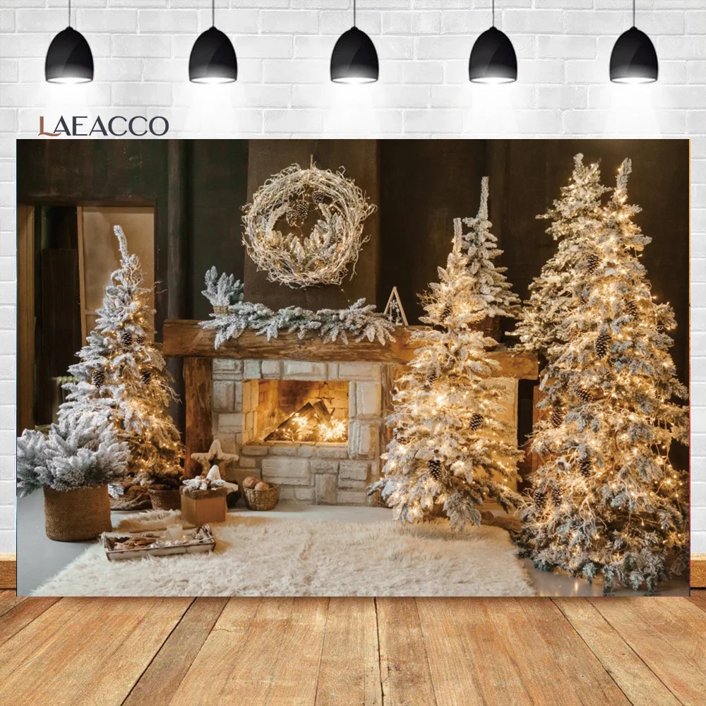 

Laeacco Winter Christmas Backdrop Shiny Lights Xmas Trees Fireplace Gift Kids Birthday Newborn Portrait Photography Background