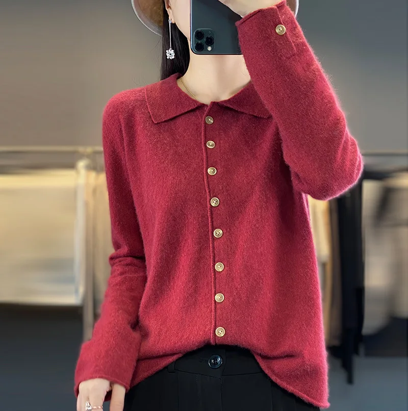 Knitted Cardigans for Women, 100% Merino Wool, Long Sleeve Sweaters, Warm and Soft Tops, 6Colors, Winter, 2023