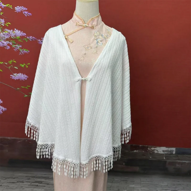 Chinese Style Tassel Shawl Elegant Women Hanfu Cheongsam Knit Shawl Cloak Wedding Party Bride Decorative Wraps Cardigan