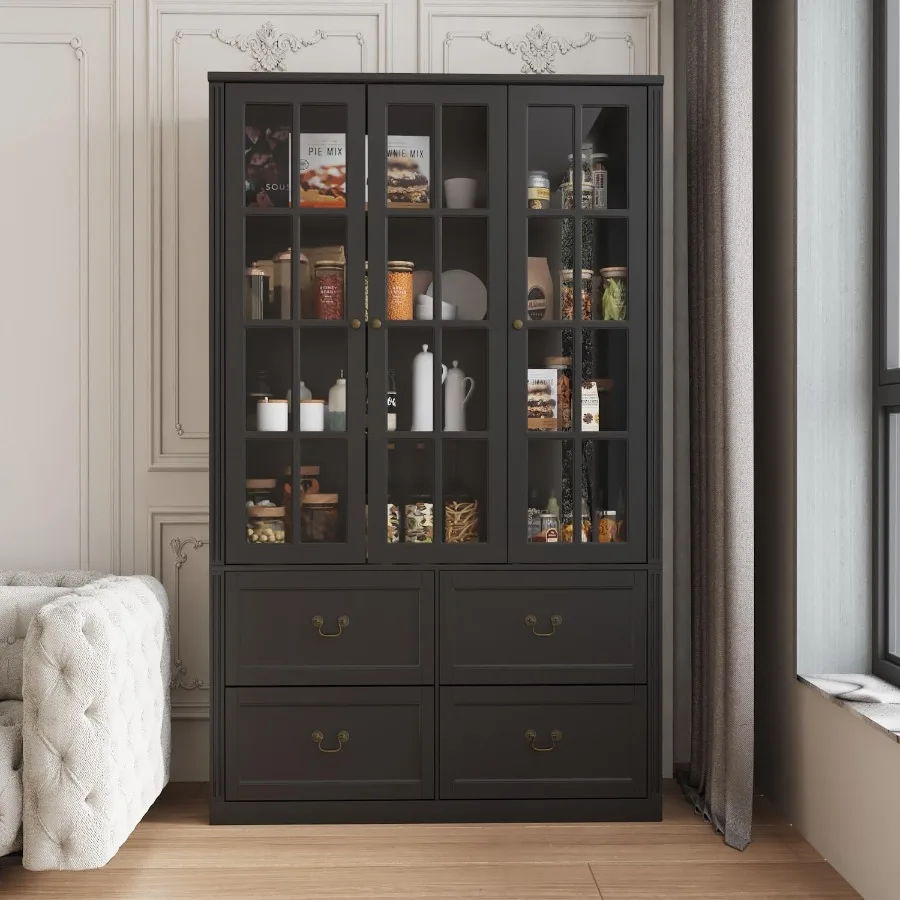 خزانة كتب طويلة بأبواب زجاجية 47.2 رف كتب كبير واسع 4 طبقات مع 4 أدراج خزانة عرض تشي خزانة للعيش Ro