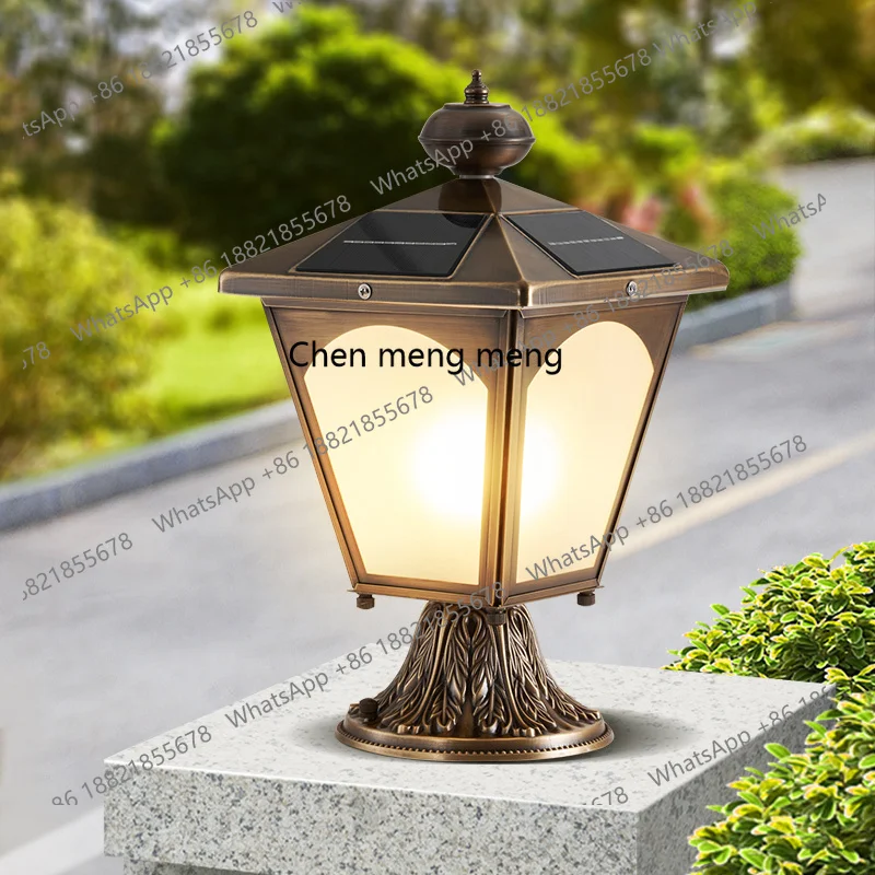 

European solar all-copper stigma lamp, villa wall outdoor waterproof door post lamp, courtyard power gate lamp