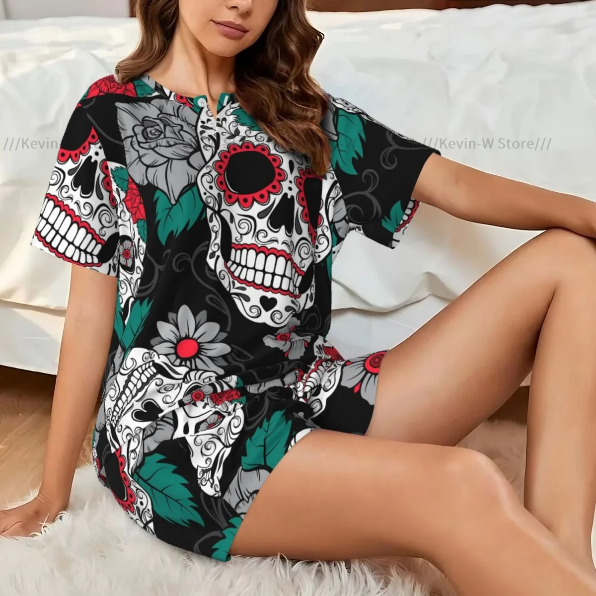 

Women Pajamas Set Short Sleeve Gothic Skulls Day Of The Dead Sleepwear Loungewear for Summer Nightwear