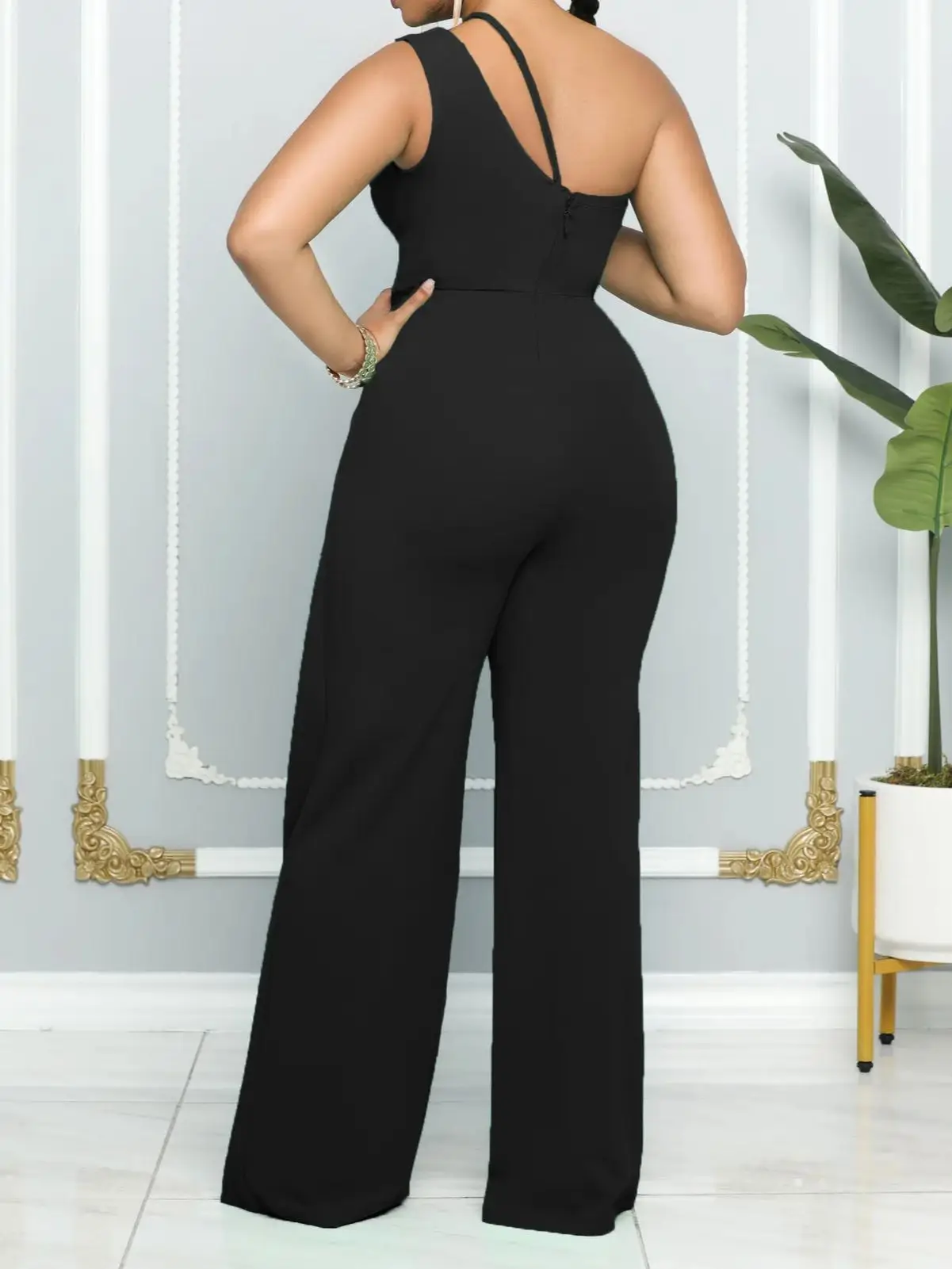 Women Elegant Jumpsuit One Shoulder Vacation Sleeveless Color Overall Bodysuit Clothing High Waist Summer Ladies Jumpsuit