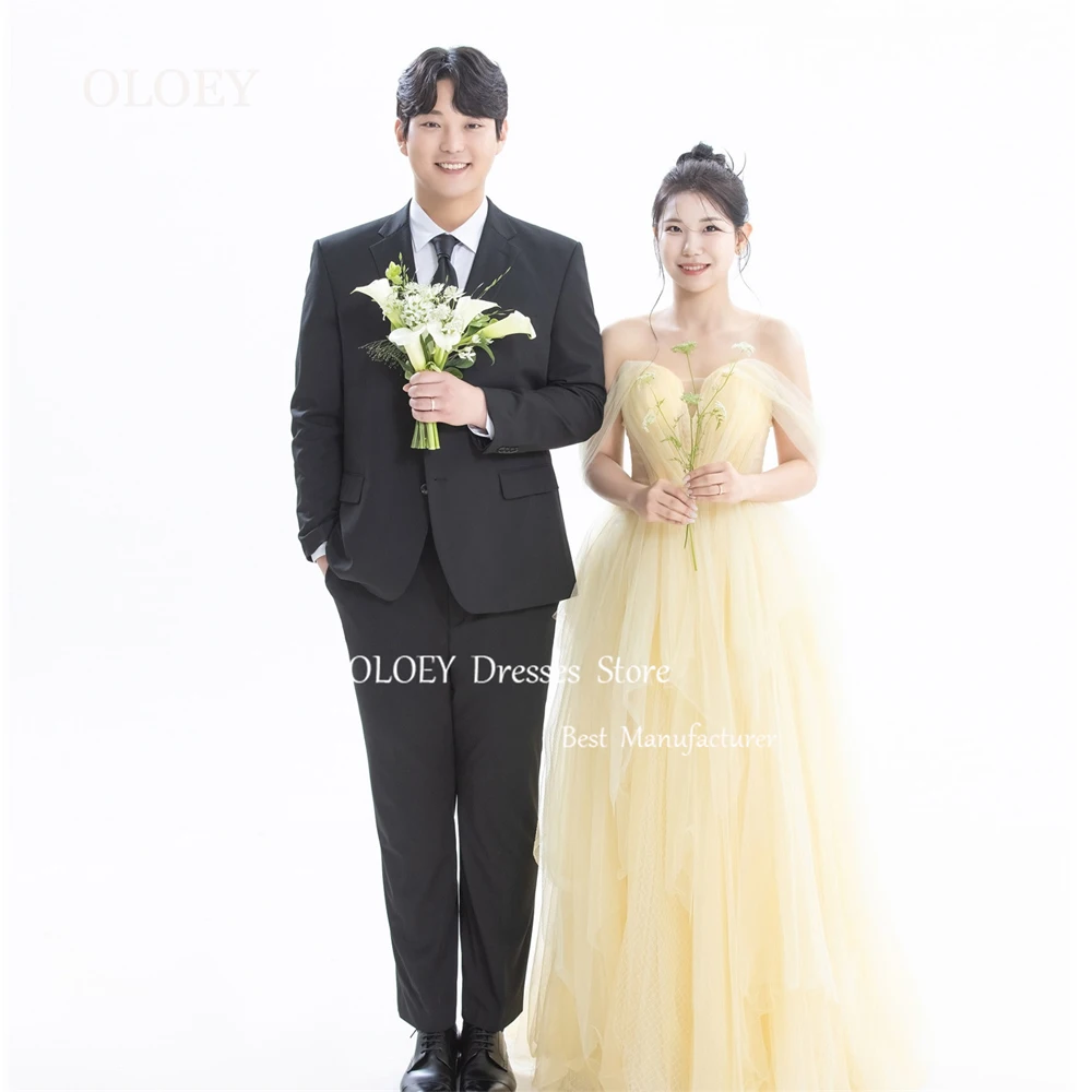 

OLOEY Light Yellow Off Shoulder Prom Dress Korea Wedding Phothshoot Long A Line Bridal Gown Pleats Tulle Corset Back Custom Made