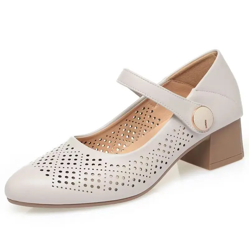 

Women's Leather Hollow Out Block Heel Shoes Spring Summer New Round Toe Shallow Breathable High Quality Velcro Med Heel Sandals