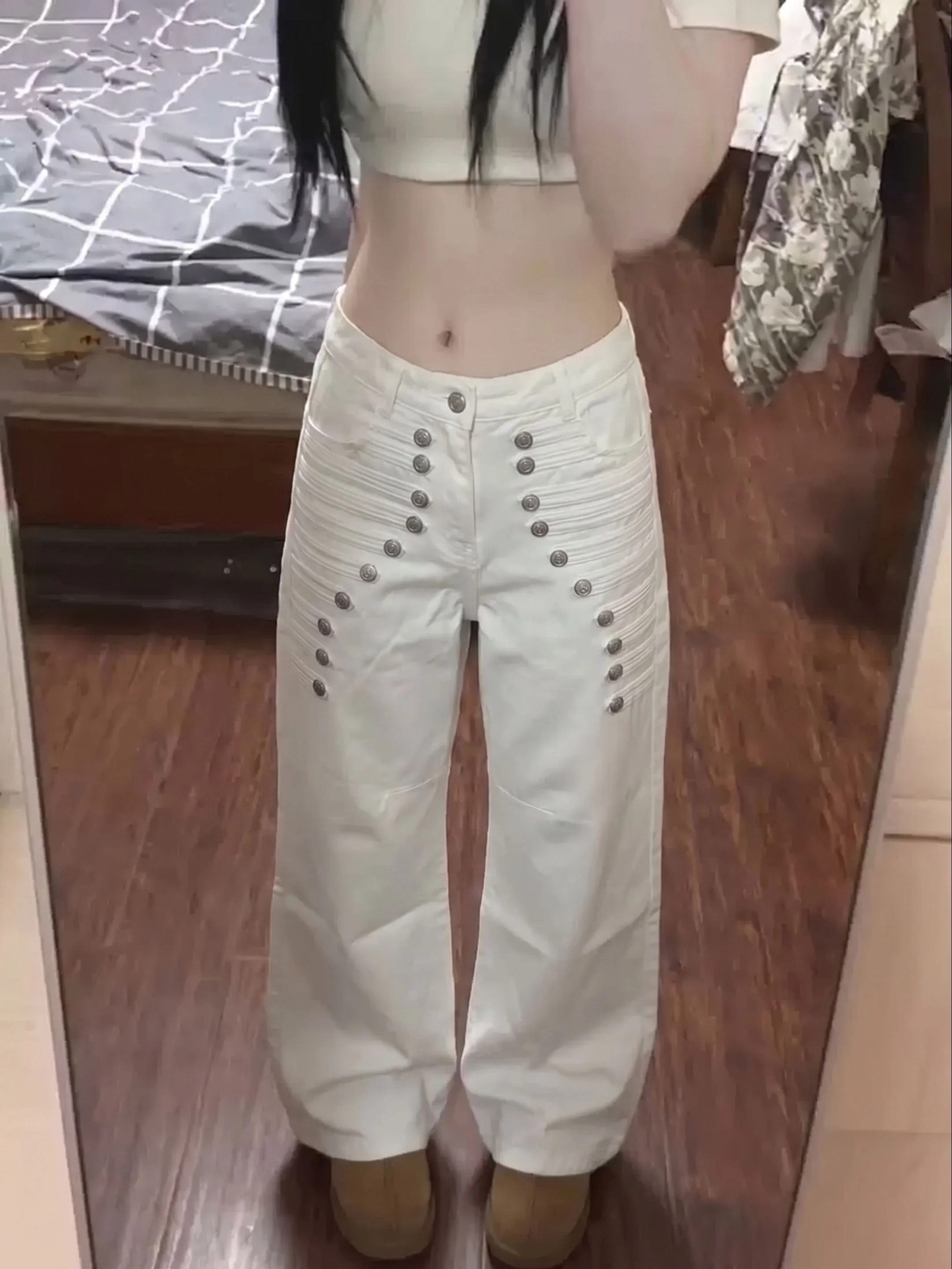 Napoleon Court Style Heavy Metal Button White Jeans High Waist Slim Wide Leg Floor Length Casual Pants Punk Series High Waist