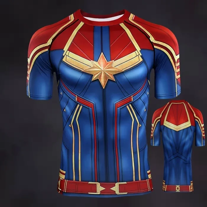 تي شيرت صيفي للرجال من COS Marvel Captain America ملابس تدريب اللياقة البدنية للبالغين والأطفال ملابس الوالدين والطفل
