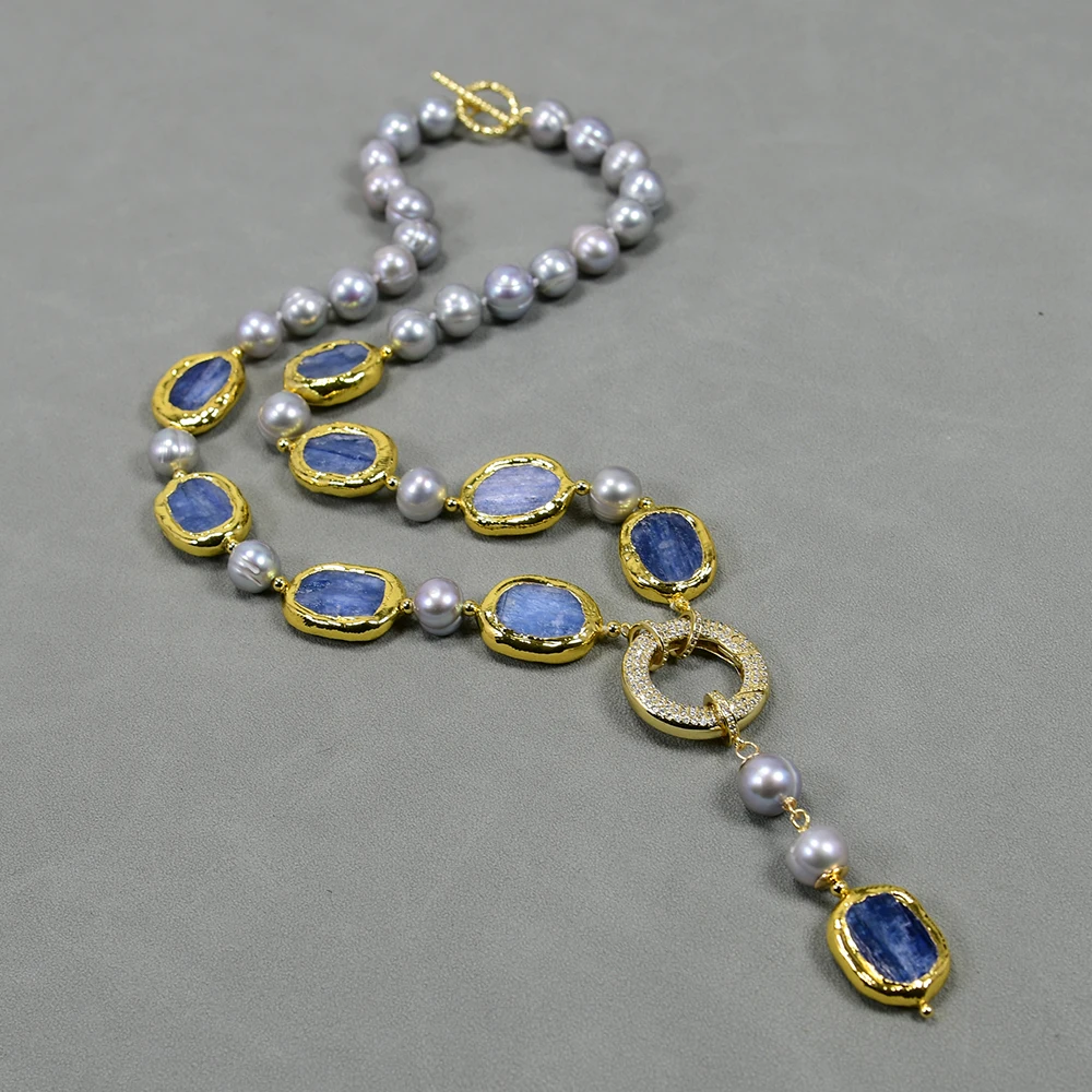 G-G Freshwater Cultured Gray Pearl Blue Kyanite Pendant Necklace Earrings Sets Simple Women Gifts