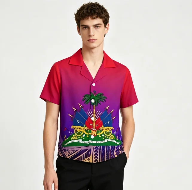 Chemise à manches courtes sur le thème d'Haïti pour hommes avec armoiries et slogan « L'unité fait la force », vêtements pour hommes, soldes de liquidation