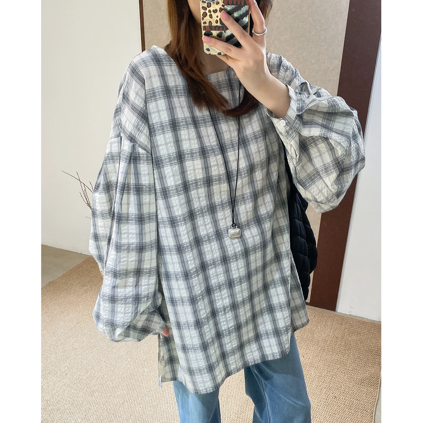 

Phil Dan Casual Sle Bubble Cotton Long Sve round Ne irt Waed ape Women's Loose Fit irt Medium Length Plaid Pat...