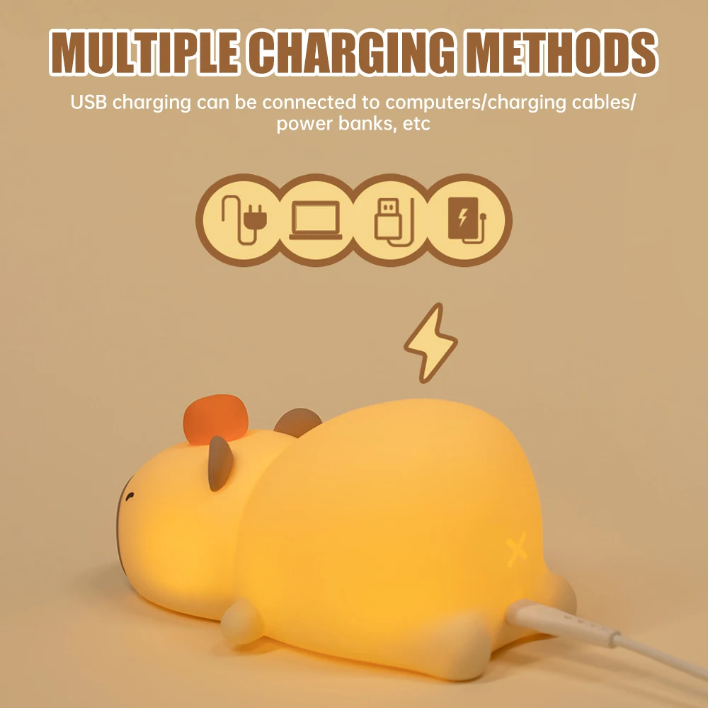 Cute Capybara Night Light Children's Silicone Nightlight Gift USB Rechargeable Animal Touch Bedside Sleep Lamp Decoration