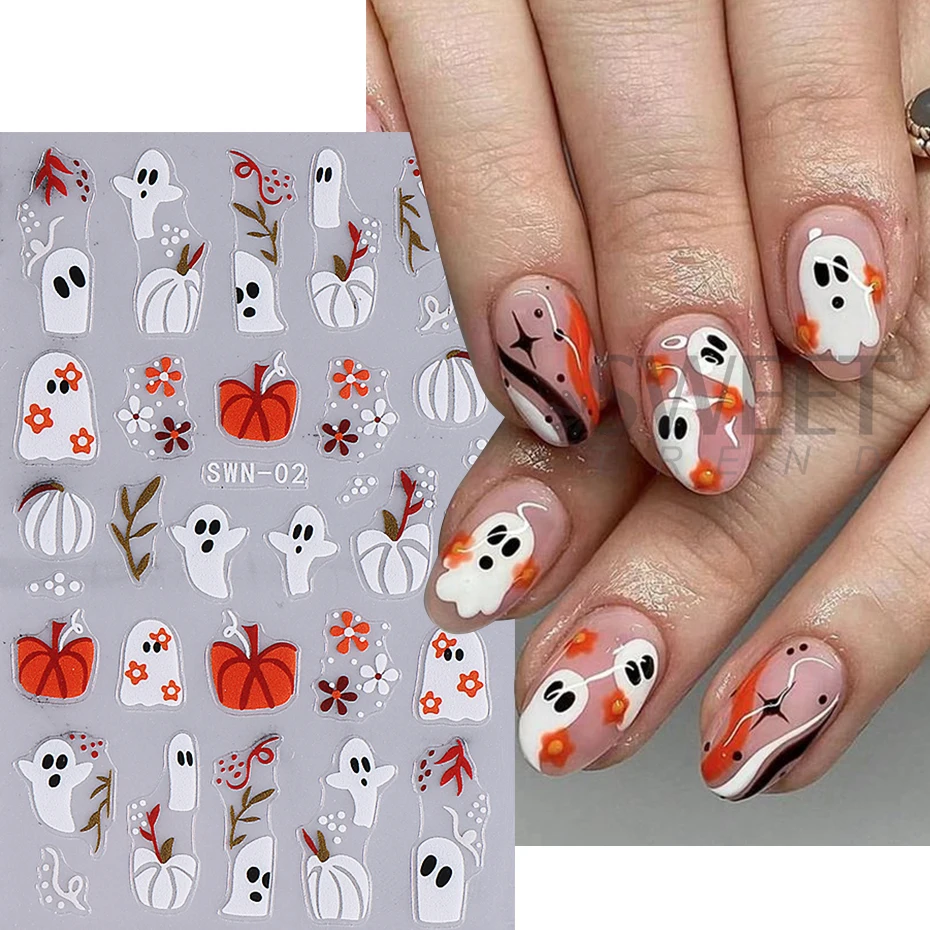 3D Halloween Pumpkin Nail Stickers Cartoon Mummy Bandages Ghost Eyes Spider Web Nail Accessories DIY Winter Manicure Decoration