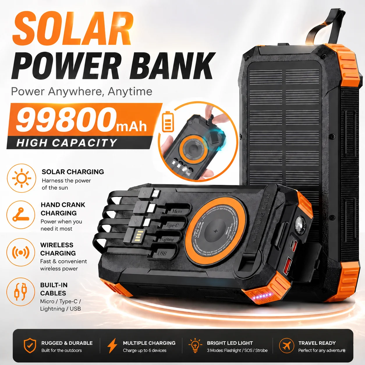 Solar Power Bank 99800mAh Wireless Fast Charging Portable Charger Built-in Cables LED Flashlight for Camping Travel Emergency