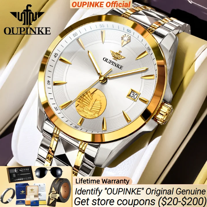 

OUPINKE 3226 Original Luxury Men's Watch Dual Calendar Real Gold Wristwatches High quality Tungsten steel Mechanical Watches