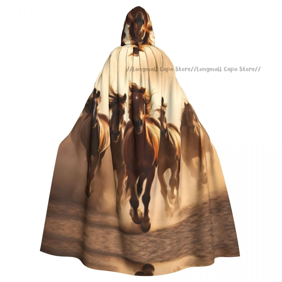 Cosplay Medieval Costumes Horses Gallop In The Wild Print Hooded Cloak Capes Long Robes Jackets Coat Carnival