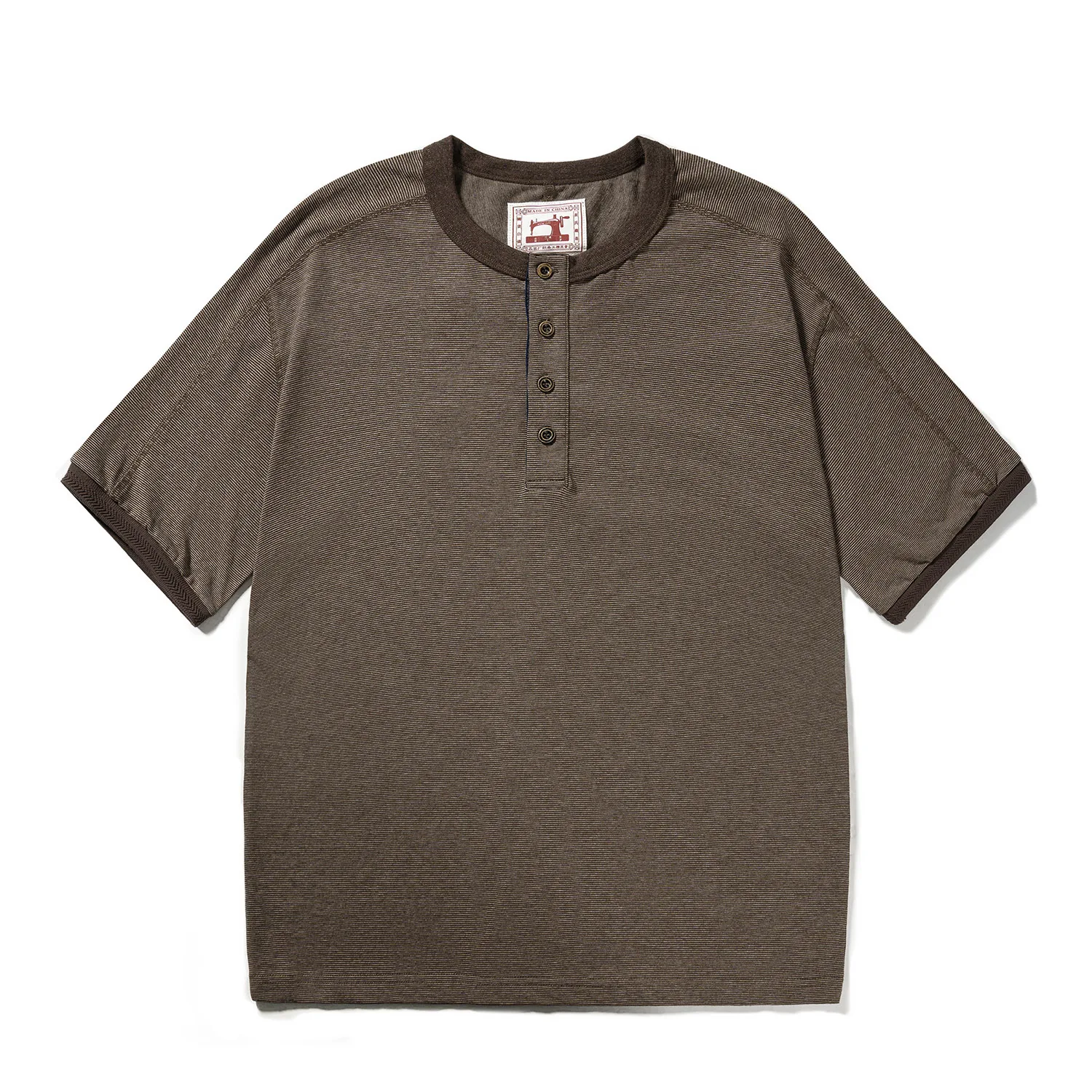 Men's American Retro T-shirt Heavyweight Loose Fit Short Sleeve Henry Collar Neutral Design Casual Loose Shirt