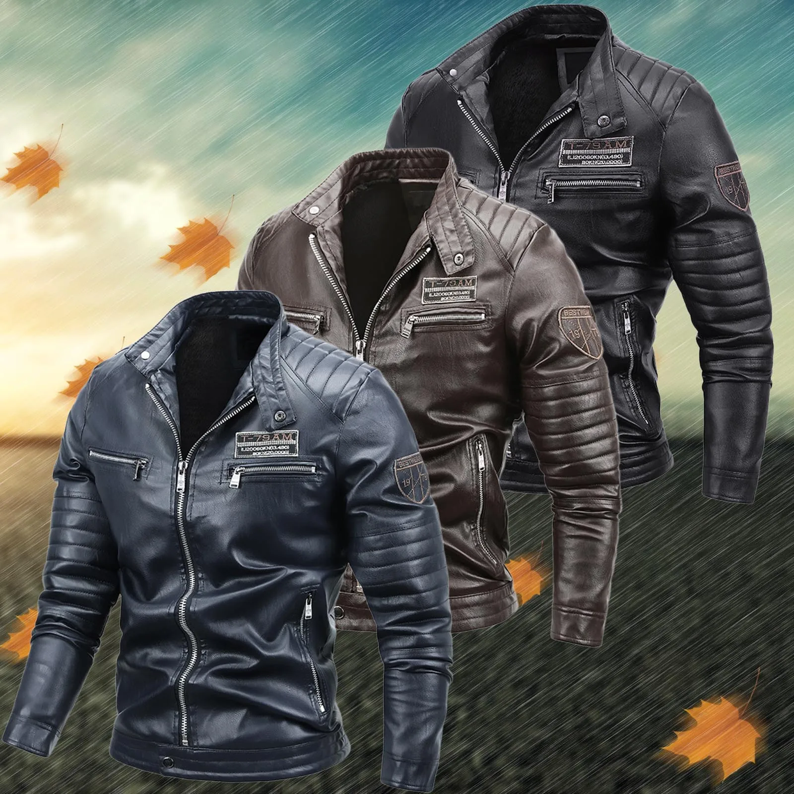 

Men's Leather Jacket Men's Winter Fleece Men's Stand Collar Biker Casual Windproof Slim Fit Jacket Fleece Leather Jacket