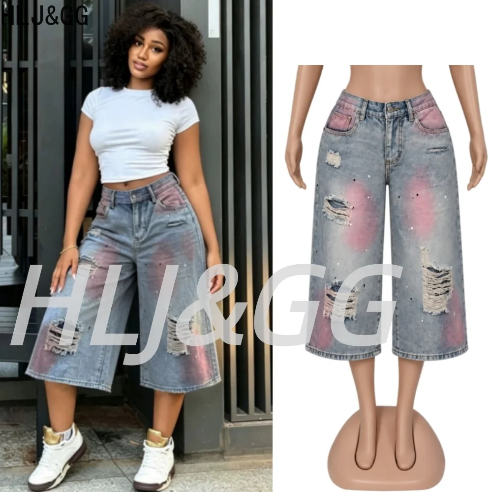HLJ&GG Blue Retro Hole Denim Capri Pants Women High Waist Button Wide Leg Cowboy Bottoms Fashion Trend Loose Pants Streetwear