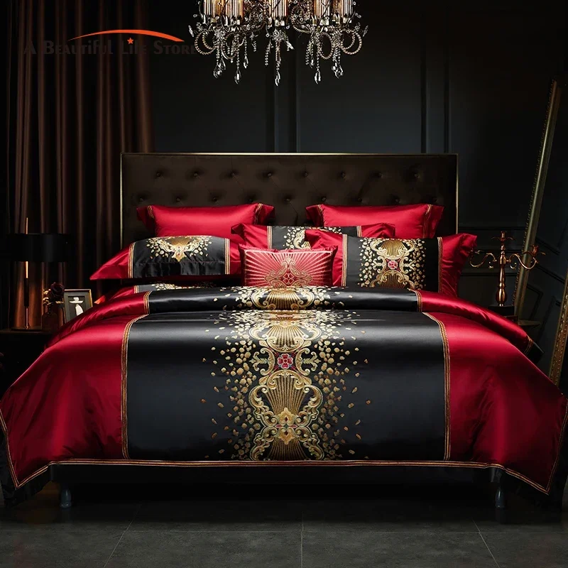 Luxury Gold Embroidery Bedding Set, Satin Brocade and Egyptian Cotton Silky Duvet Cover, Bed Sheet, Pillowcases, 4 Pcs, 7Pcs